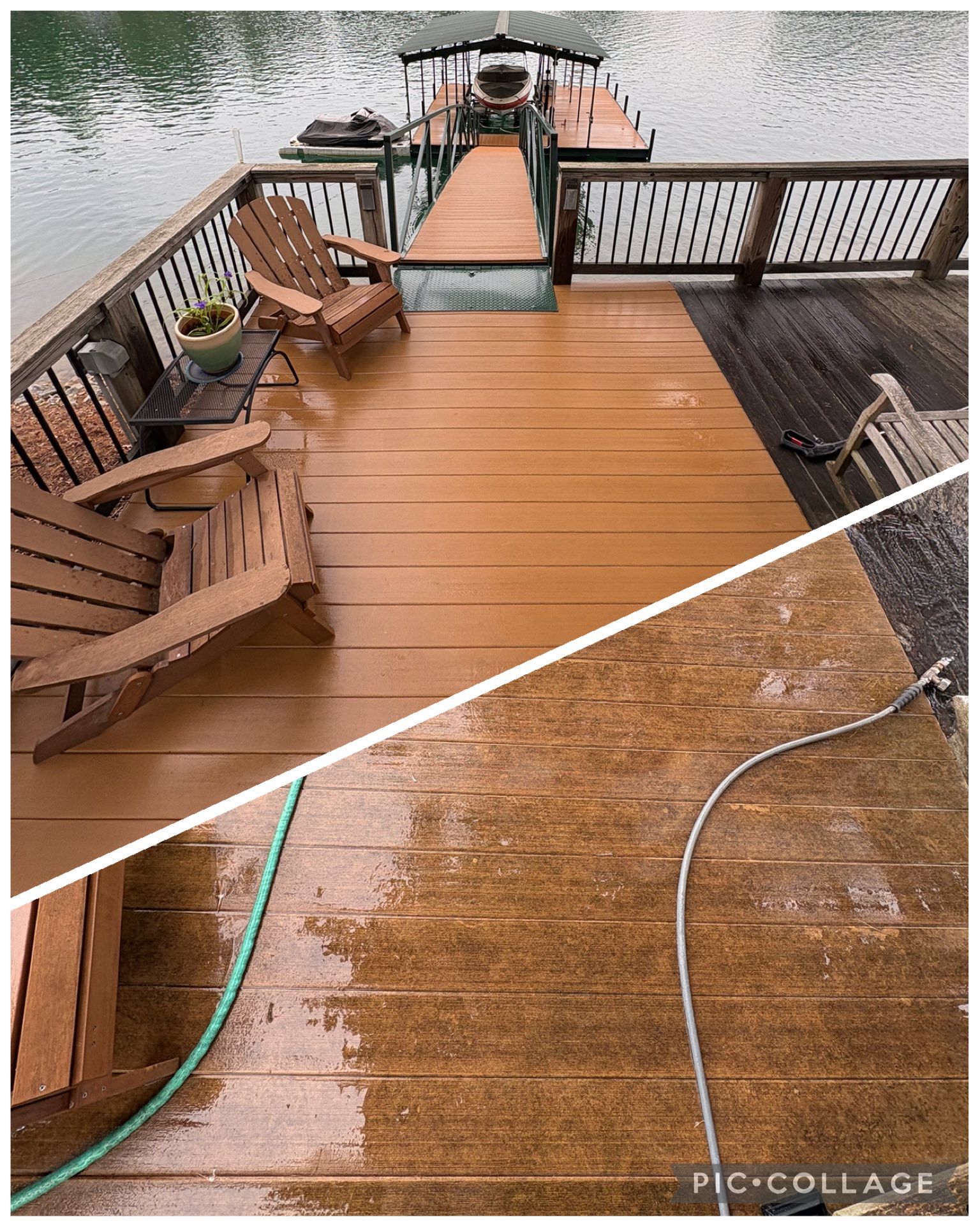Before and after dock deck cleaning showing restored tan boards beside a lake